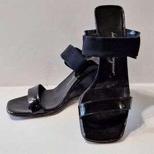 Salvatore Ferragamo Black Patent Leather Designer Quiet Luxury Wedge Shoes 8.5